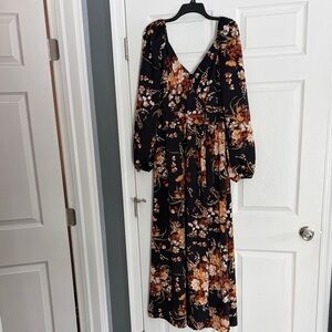 SHEIN Black and Brown Floral Long Sleeve Dress